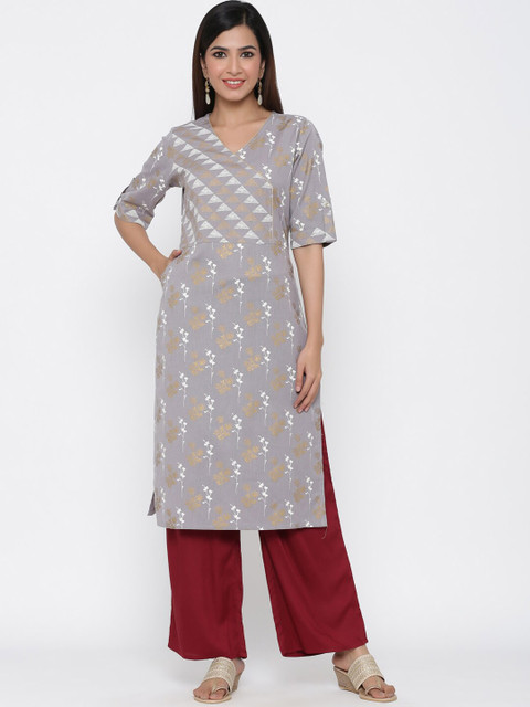 

Jaipur Kurti Women Grey & Gold-Toned Printed Straight Kurta