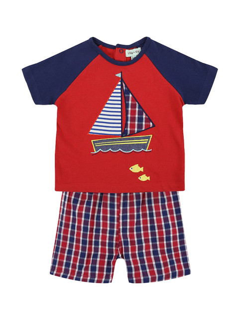 

Lilly and Sid Boys Red & Navy Blue Printed T-shirt with Shorts