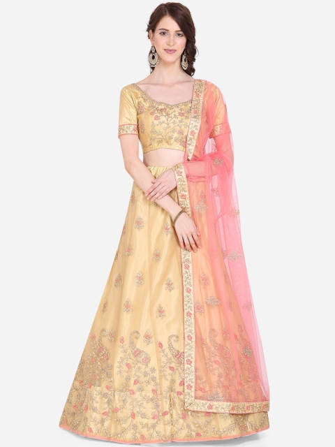 

Mitera Gold-Toned & Peach-Coloured Embroidered Unstitched Lehenga & Blouse with Dupatta