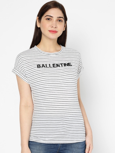 

Deal Jeans Women White Striped Round Neck T-shirt