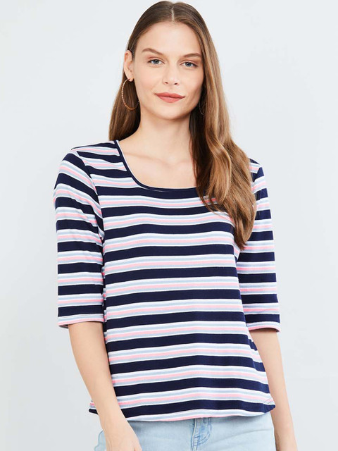 

max Women Multicoloured Striped Round Neck T-shirt, Multi