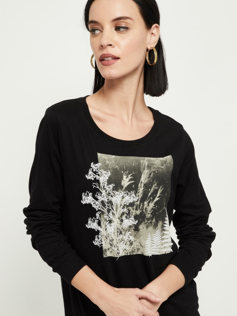 max Women Black Printed Round Neck T-shirt