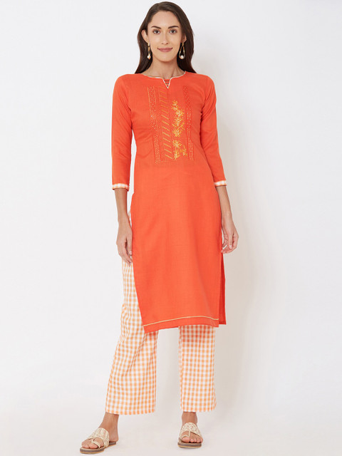 

Satrani Orange & White Pure Cotton Unstitched Dress Material