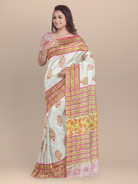 BharatSthali White & Orange Silk Cotton Printed Chanderi Saree