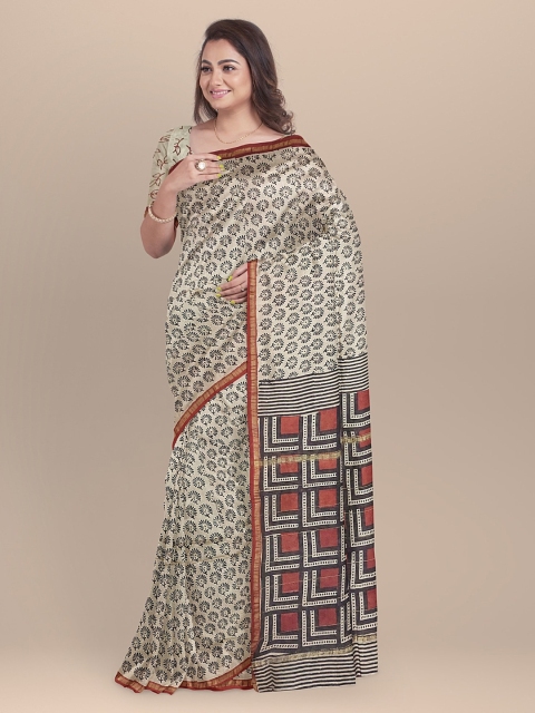 

BharatSthali Beige & Black Silk Cotton Printed Chanderi Sustainable Saree