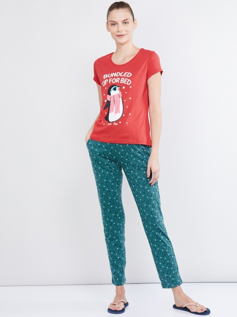 

max Women Red & Teal Green Printed Night suit