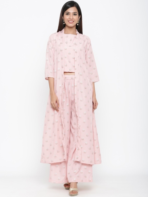 Juniper Women Pink Printed Top with Palazzos & Shrug