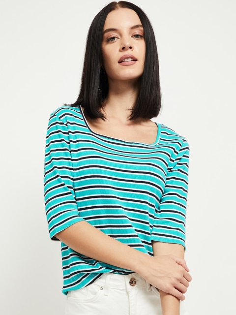 

max Women Aqua Blue & Navy BLue Striped Scoop Neck T-shirt