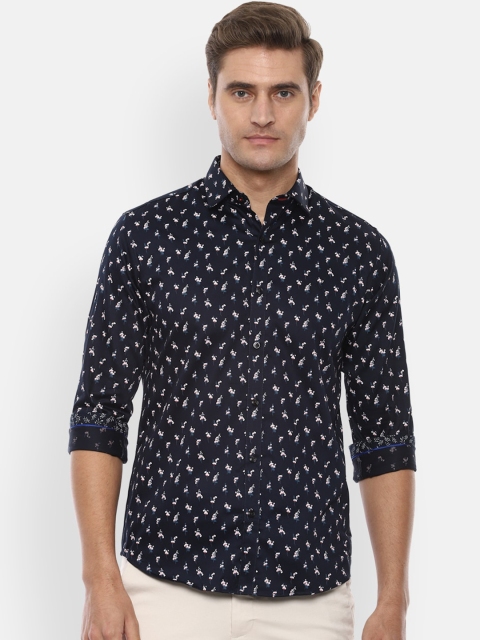 

V Dot Men Navy Blue & Peach Slim Fit Printed Casual Shirt