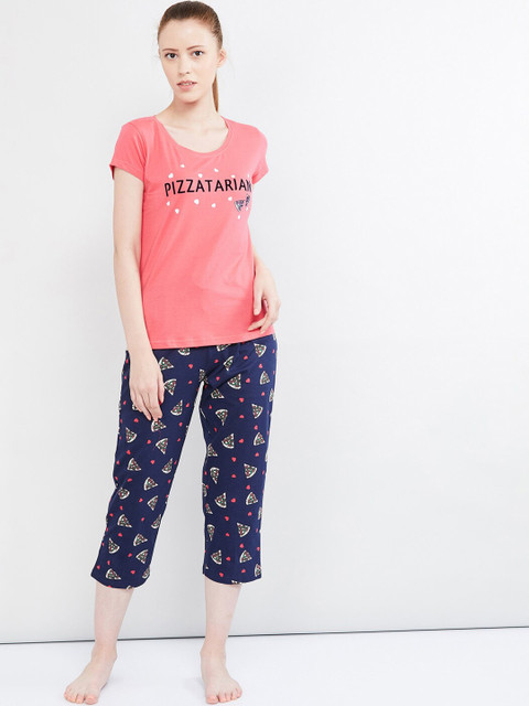 

max Women Pink & Navy Blue Printed Night suit
