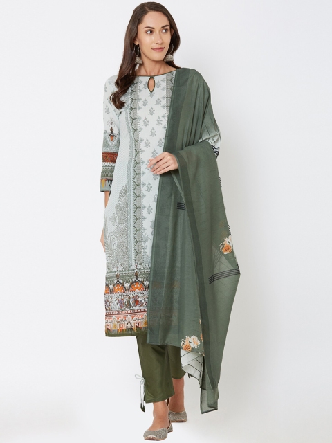 

Satrani White & Olive Green Pure Cotton Unstitched Dress Material