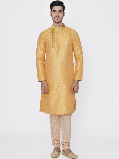 

Manyavar Men Yellow & Beige Self Design Kurti with Churidar