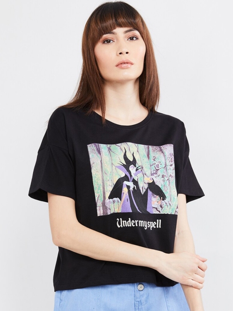 

max Women Black Printed Round Neck T-shirt