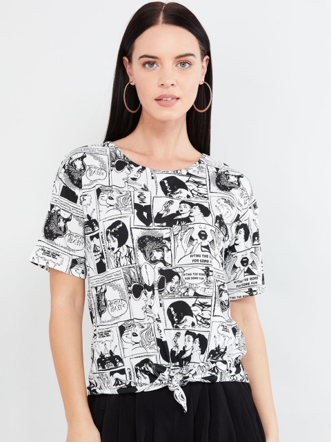 

max Women Black & White Printed Round Neck T-shirt with Tie Up Detail