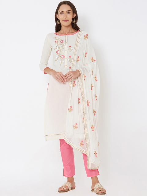 

Satrani White & Pink Pure Cotton Unstitched Dress Material