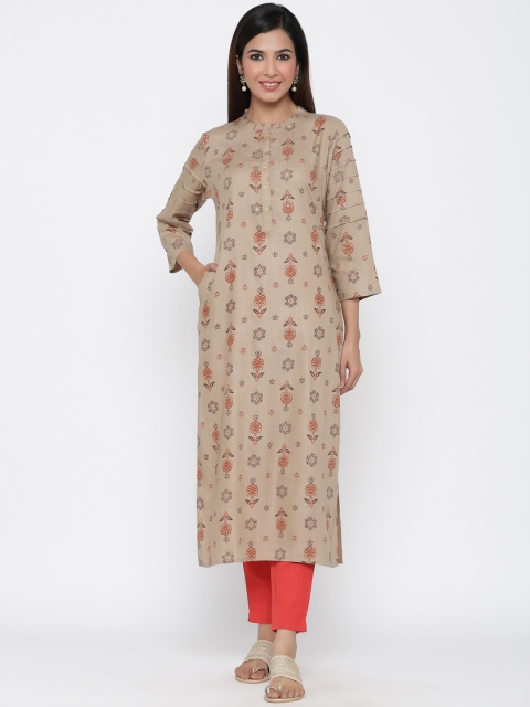 

Jaipur Kurti Women Khaki Brown & Red Floral Printed Straight Kurta