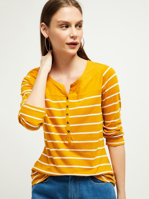 

max Women Yellow Striped Henley Neck T-shirt