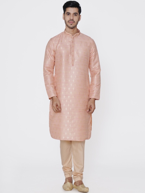 

Manyavar Men Peach-Coloured & Beige Self Design Kurta with Churidar