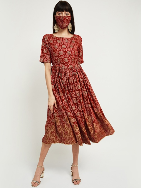 

max Women Red Gold-Coloured Printed Fit and Flare Dress