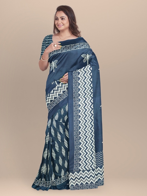 

BharatSthali Blue Printed Pure Cotton Saree