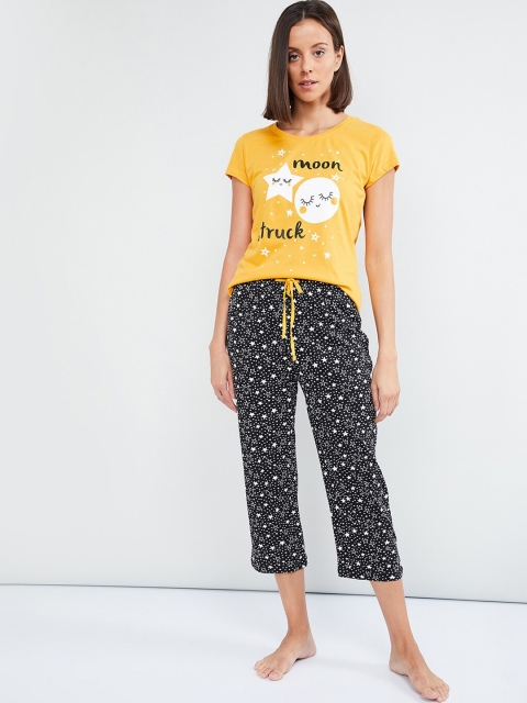 

max Women Mustard Yellow & Black Printed Night suit