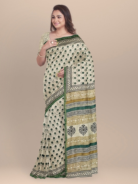 

BharatSthali Cream-Coloured & Green Silk Cotton Printed Chanderi Sustainable Saree