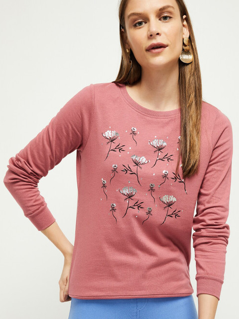 

max Women Pink Printed Round Neck T-shirt