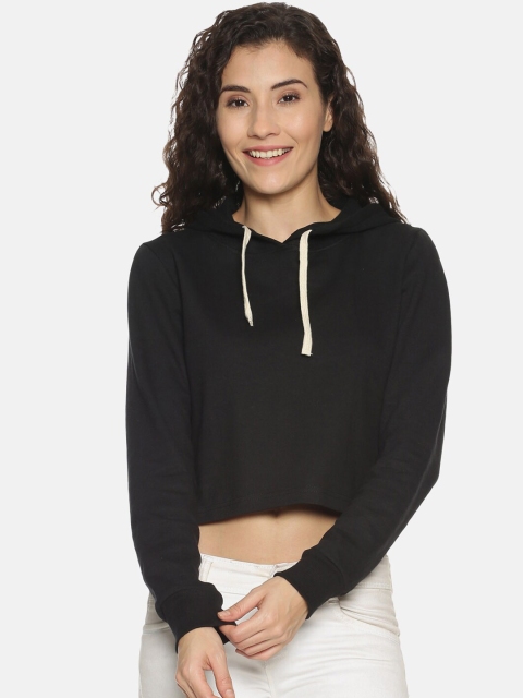 

Campus Sutra Women Black Solid Hooded Crop Sweatshirt