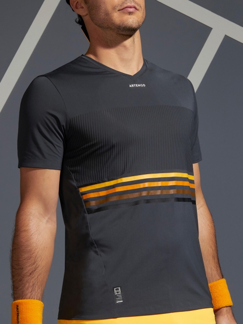 

Artengo By Decathlon Men Black Orange Striped Tennis T-Shirt Dry TTS 900 Light