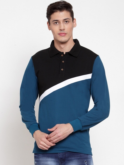 

Kalt Men Teal Blue & Black Colourblocked Polo Collar T-shirt