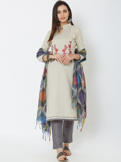 

Satrani Off-White & Grey Pure Cotton Unstitched Dress Material