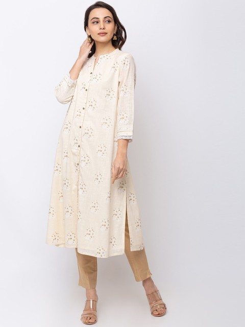 

Ethnicity Women Beige Printed A-Line Kurta