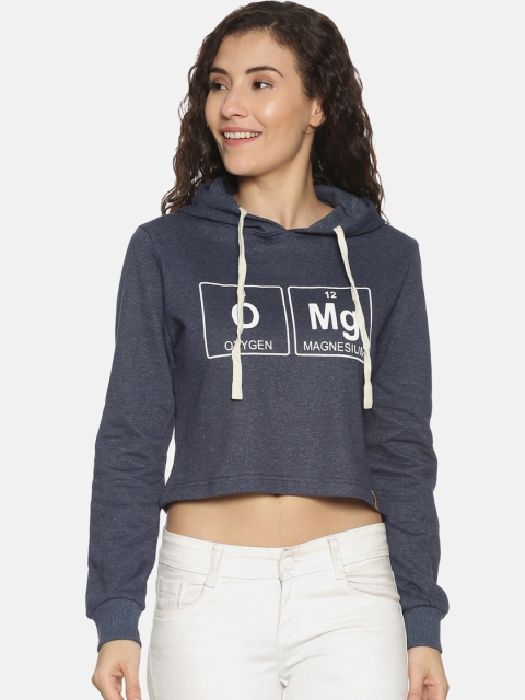 

Campus Sutra Women Blue & White Printed Hooded Crop Sweatshirt