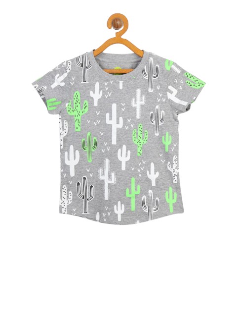 

YK Boys Grey Melange & White Printed Round Neck T-shirt