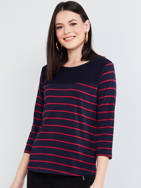 

max Women Navy Blue & Red Striped Round Neck T-shirt
