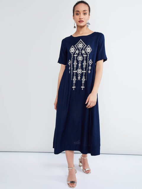 

max Women Blue Printed A-Line Ethnic Dress