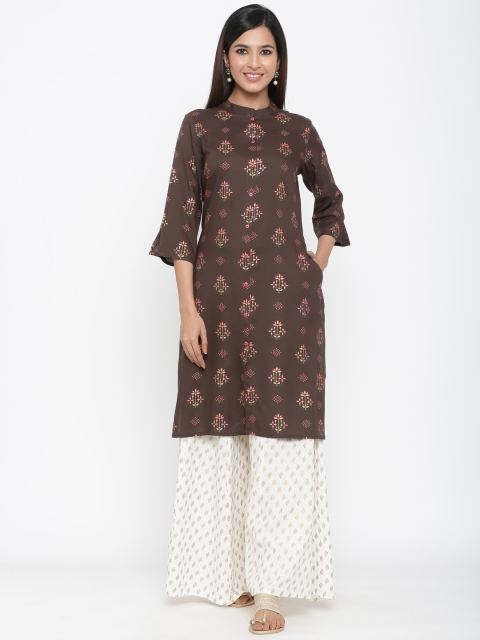 

Juniper Women Brown & Gold-Toned Printed Straight Kurta