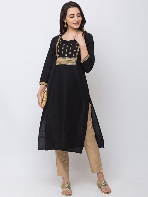 

Ethnicity Women Black Embroidered Straight Kurta