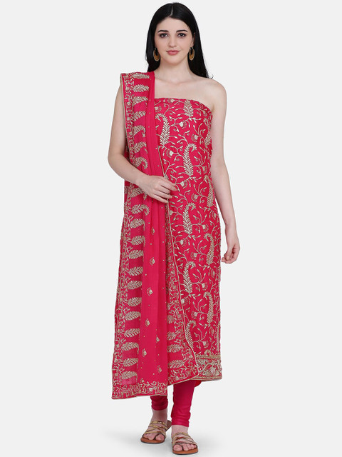 

BOMBAY SELECTIONS Pink & Gold Art Silk Unstitched Dress Material