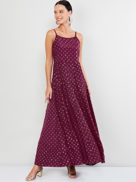 

max Women Burgundy & Gold-Coloured Printed Maxi Dress