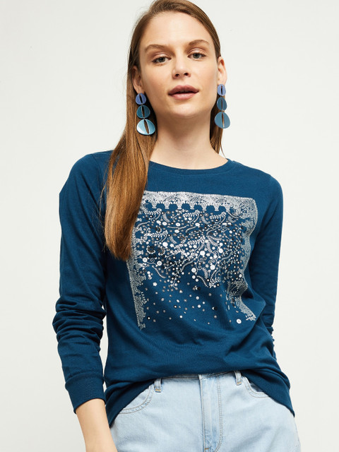

max Women Teal Blue Printed Round Neck T-shirt