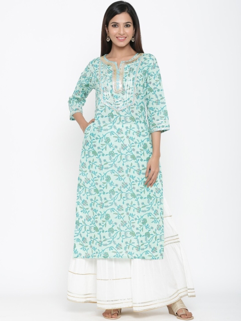 Juniper Women Turquoise Blue & Green Floral Printed Straight Kurta