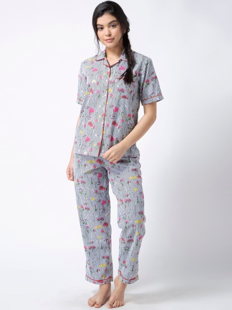 

ADORENITE Women White & Blue Printed Night suit
