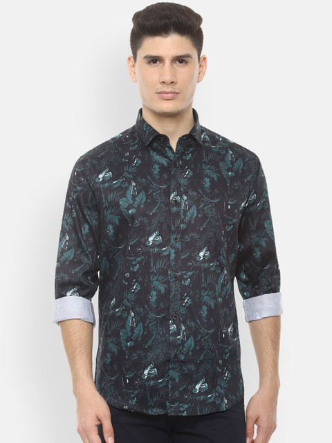 

V Dot Men Black & Green Slim Fit Tropical Printed Casual Shirt