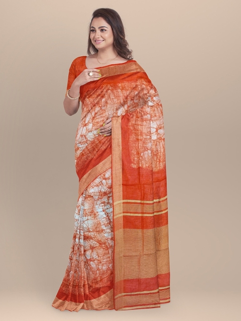 

BharatSthali Orange & White Pure Linen Printed Sanganeri Sustainable Saree