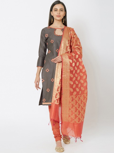 Satrani Grey & Peach-Coloured Pure Cotton Unstitched Dress Material