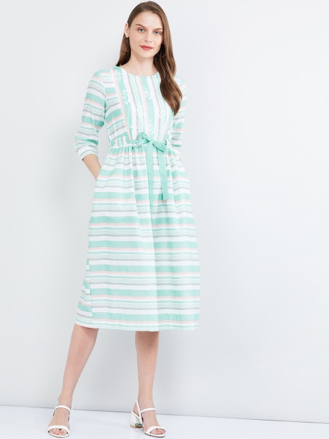 

max Women Sea Green Striped Fit and Flare Dress