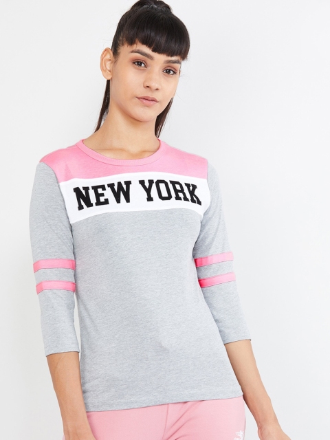 

max Women Grey & Pink Printed Round Neck T-shirt