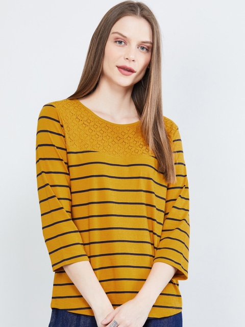 

max Women Yellow & Black Striped Round Neck T-shirt