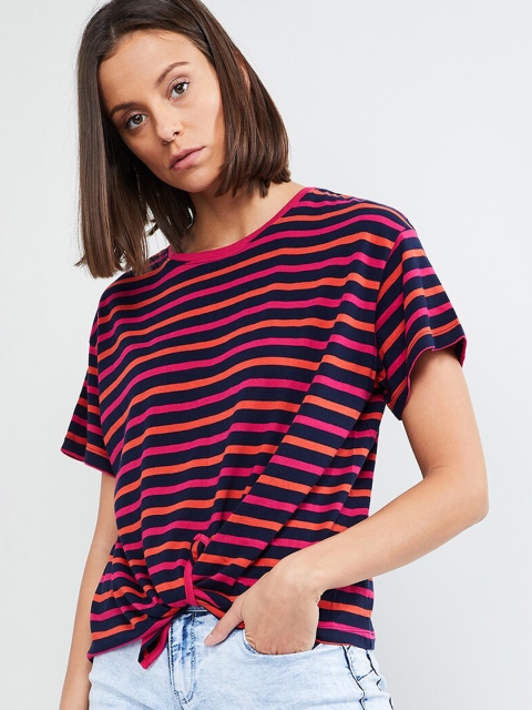 

max Women Pink Striped Round Neck T-shirt